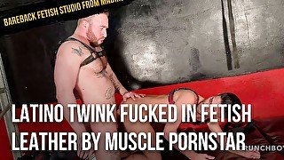 Latino twink fucked in fetish leather by muscle pornstar