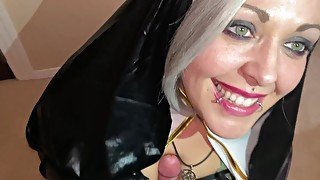 Slutty Nun Sucks knob till she gets A Sticky Sperm Confession on her Face - POV cosplay