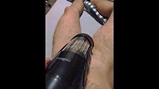 Young guy play with vibrator toy full speed and cum on himself