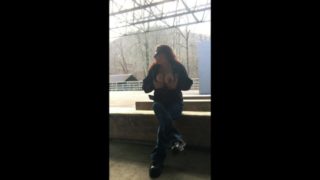 RISKY! Hot MILF flashing tits in public! Big natural boobs!!