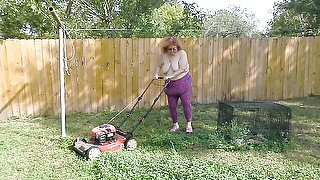 Nurse Vicki Mowing Grass dressed then topless