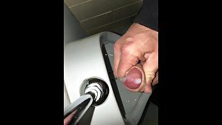 Risky Public Washroom Masturbation Pissing and Cumming into a Urinal