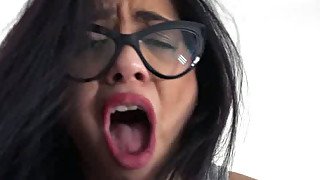 Delicious exotic bitch in glasses rides hard dick of her buddy ardently