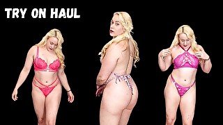 Pink lingerie try on haul milf blonde thong panties bra