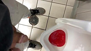 Running to gas station restroom desperate pissed in urinal and on floor moaning relief