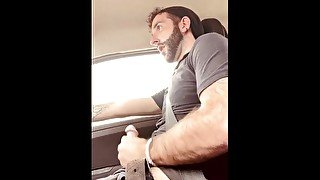 Stroking my exposed big hairy cock in my car while people pass by in public teaser