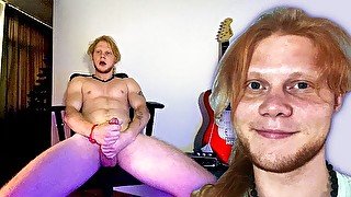 Young long-haired guy shows his body and feet and then masturbates his cock with two hands and cum