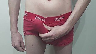 Huge cumshot inside red briefs - solo twink jerkoff with precum and a lot of cum