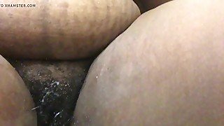 Hairy ebony pussy close up at work