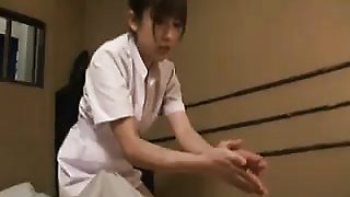 Beautiful Japanese masseuse with sexy legs can't resist a s