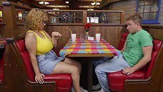 Busty waitress cock-teases a guy and rides his hard cock