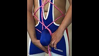 my new WRESTLING SINGLET ** Tied up COCK and BALLS **