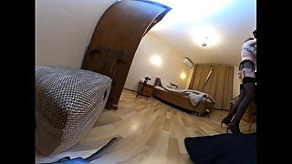 Maid humps her Master's leg. 360 VR