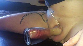 Huge cock sucked in to little glass vase vacum makes him cum