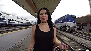 Fabulous and cute brunette with fat ass undressed and boned in the train