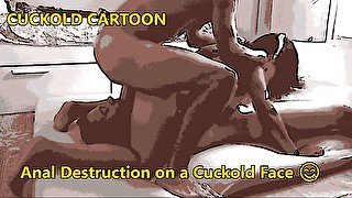 Cartoon anal destruction on cuckold's face