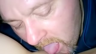 A nerdy dude licks his wife's shaved pussy in homemade POV