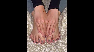 Lotion my feet, new Christmas pedicure leads to a Footjob (OnlyFans link in bio!)