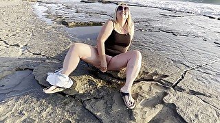 Horny Wife Masturbation - Public Beach - Real Squirting Orgasms