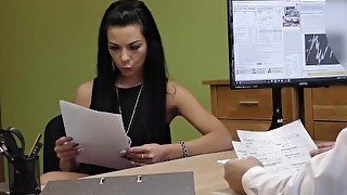 LOAN4K. Agent gives credit to brunette hottie for sex in office