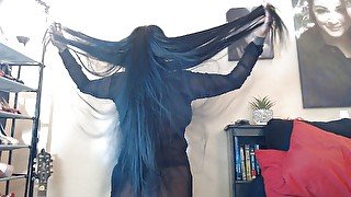 Long hair flipping brushing