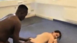 Nasty interracial stunner sees cuckold lick cum