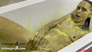 Yellow Gunge Slime Orgasm in the Bath, Wet and Messy Sploshing WAM