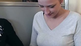 Hot brunette fucking in public bathroom