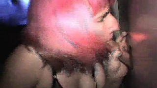 Wild young chick with pink hair blowing and banging gloryhole shafts