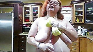 BBW nurse vicki wiping up the wet soapy floor then playing with a huge dildo and sponge while talking to the naughty boys