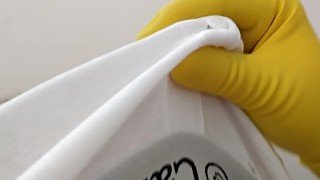 Rubber glove wank and cum