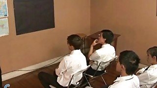 Cute twink students team up to blow their teacher