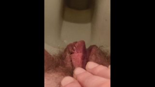 Rubbing my pissing, hairy pussy on a dirty toilet after holding