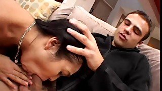 Suave Asian babe gives a deepthroat blowjob then gets slammed hardcore until orgasm