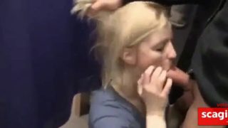 Hot blonde slut blows in a changing room