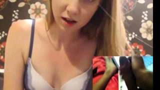 Cute tiny teen is scared of huge dick on webcam