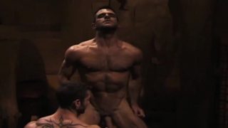 Ripped hunks have steamy oral and anal sex in a gay threesome in a crypt