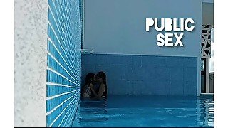 SNEAKY POOL FUCK * Real Public Sex