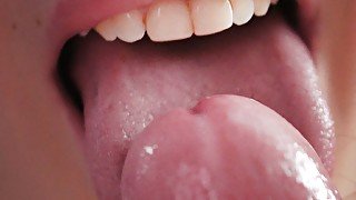 Sloppy blowjob from asian girl gets bright cum from frenulum licking, close-up, pov, vertical video