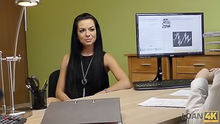 Small-tit brunette with tattoos jumps on a hard dick in the office