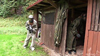 Lesbian military babes pound each other with toys on the field