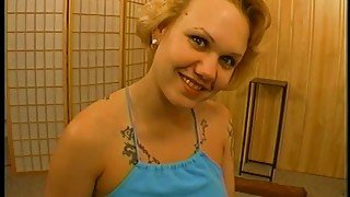 Blonde Crimson with natural tits performing a cute blowjob in a POV shoot