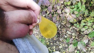 HUGE COCK PISS IN CONDOM AND PISS ON MYSELF PUBLIC