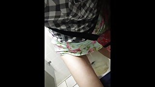 cute dress hairy pussy no panties standing to pee at public restroom toilet bathroom urine pissing