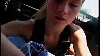 Cute and skinny blonde teen giving a very quick blowjob in the car