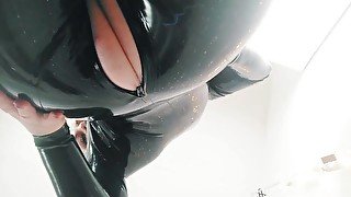 Latex catsuit tease, phone selfie video. rubber fetish