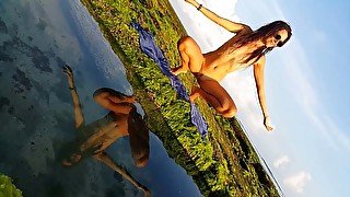 NAKED YOGA Stretching at Ocean shore # Reflection at Sun Set