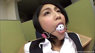 Solo Japanese Saionji Reo with a ballgag rides her favorite dildo