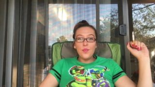 Sexy Nerdy Brunette Girl Smoking Outside in Glasses with Hair up TMNT Shirt