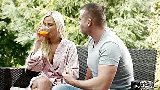 Outdoor foreplay ends with Lola being fucked hard on the sofa